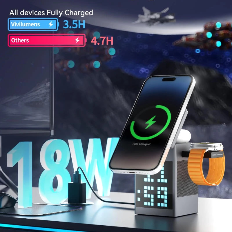 6-In-1 Magnetic Wireless Charging Station with Bluetooth Speaker, Alarm Clock, for Iphone, Airpods, Iwatch-Multifunction Charger